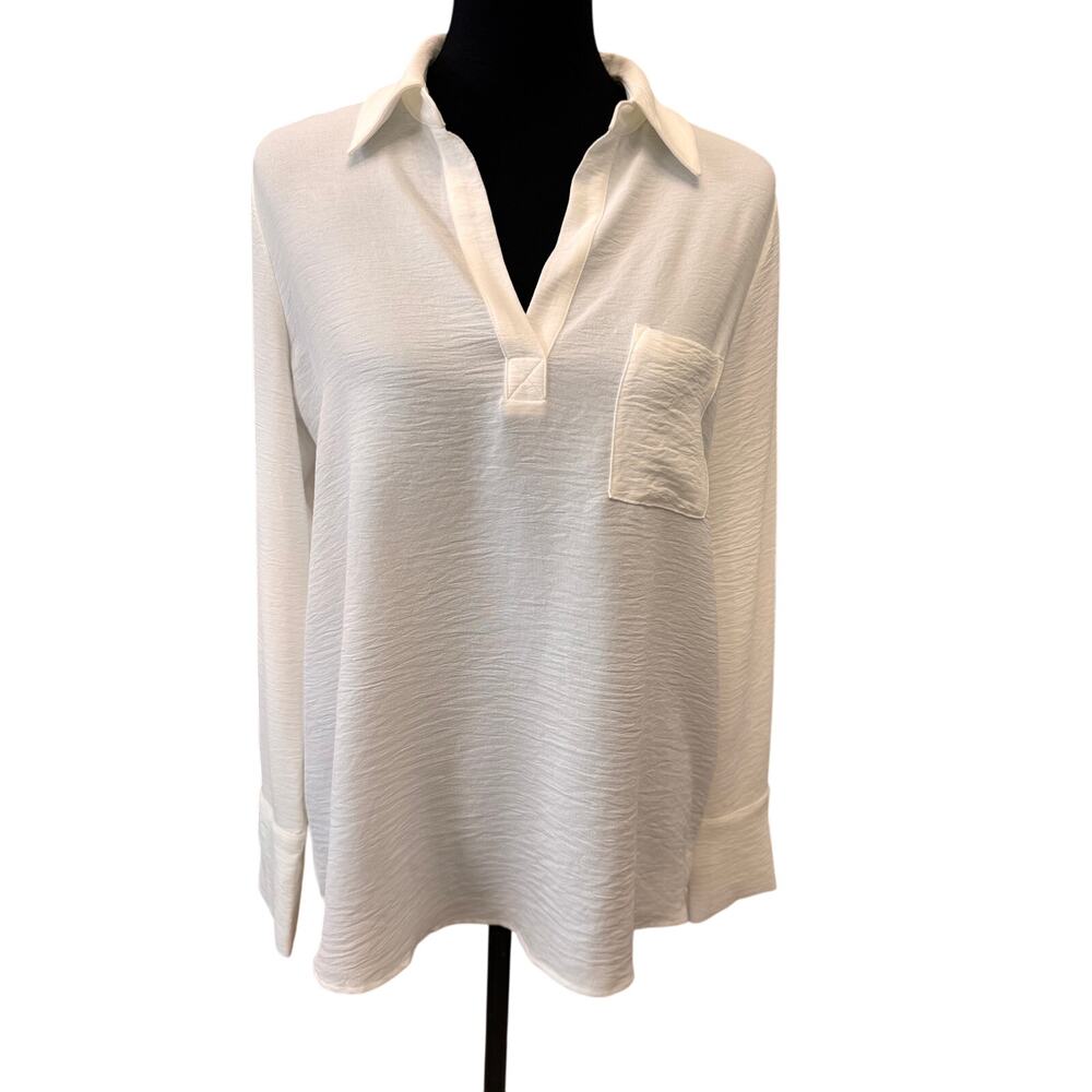 PLEIONE ANTHROPOLOGIE Women's Textured Long Sleeve Collared Tunic Top White S